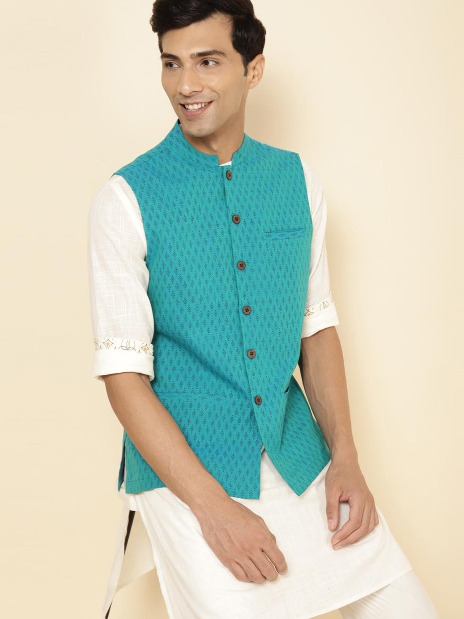 Fabindia Teal Cotton Regular Fit Printed Nehru Jacket