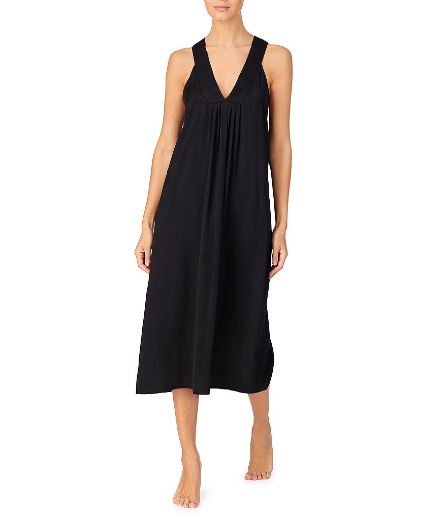 Donna Karan Sleepwear Solid Woven Pleated V Neck Long Chemise With Pockets