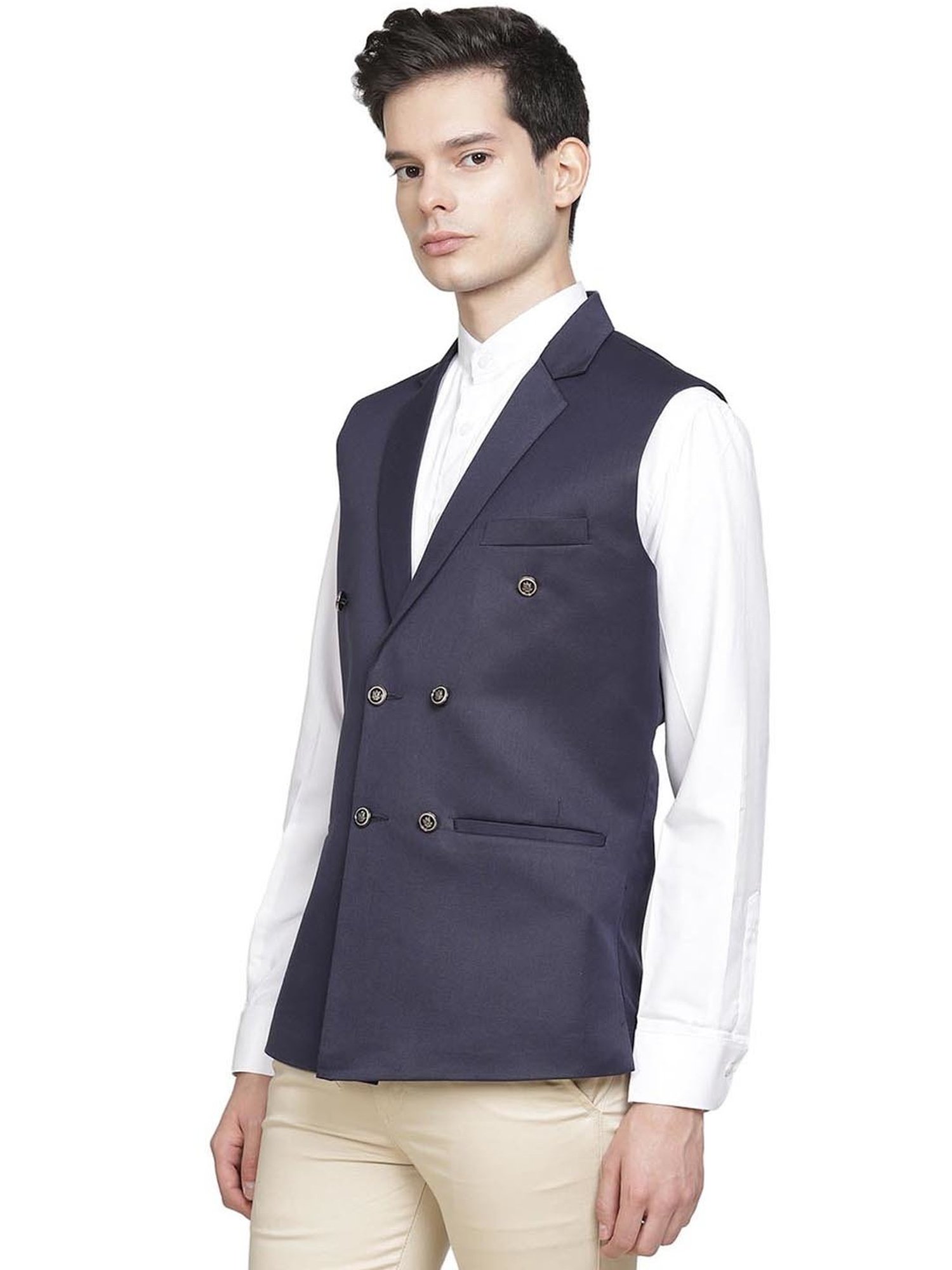 TAHVO Navy Cotton Slim Fit Waistcoat