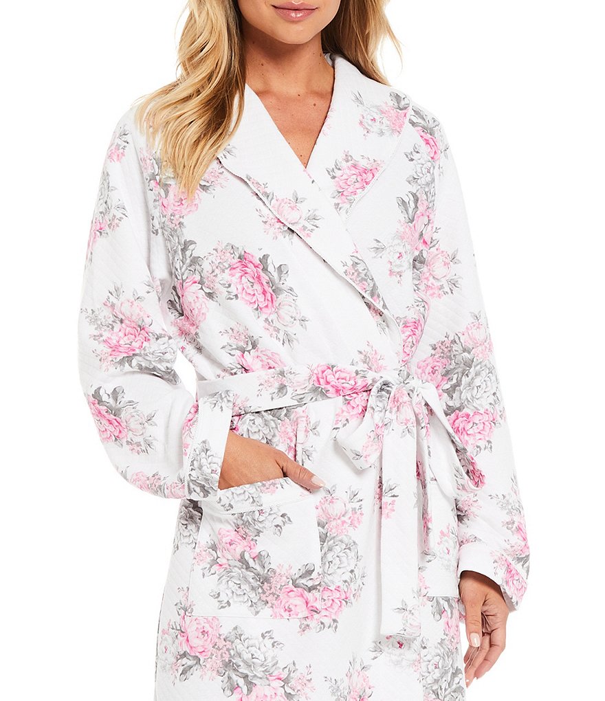 Eileen West Floral Print Diamond Quilt Long Wrap Robe