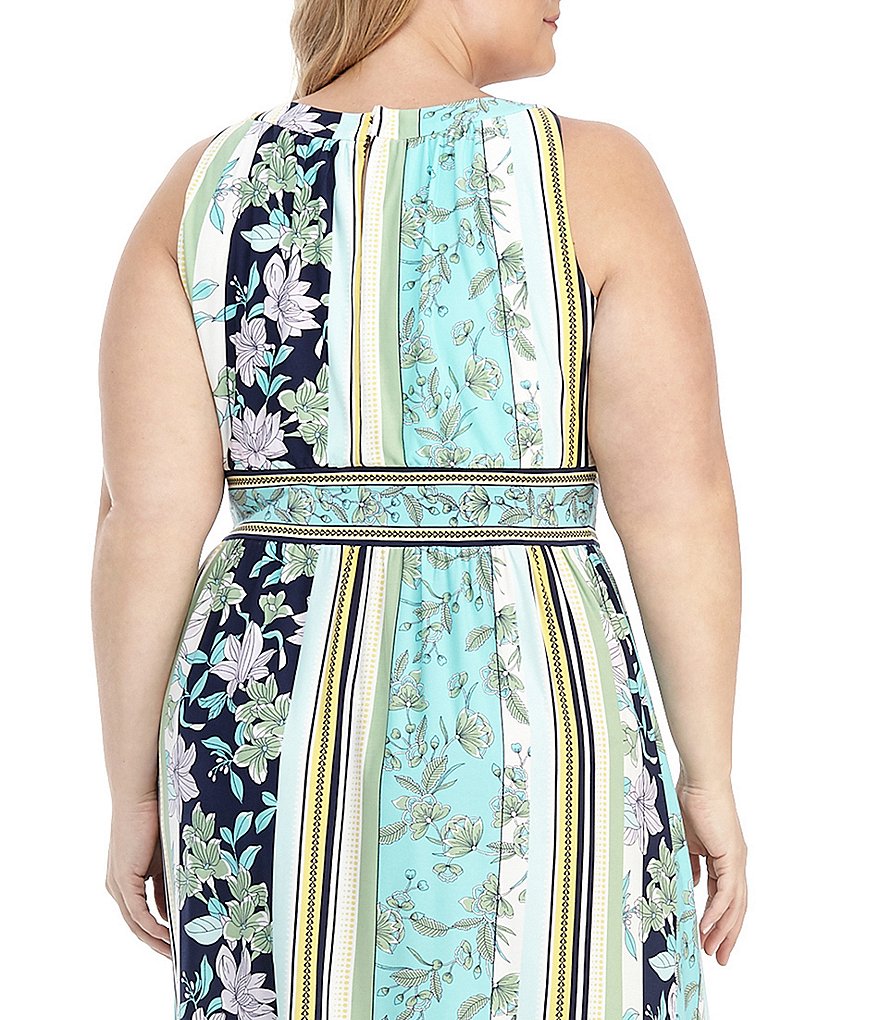 London Times Plus Size Floral Printed Matte Jersey Halter Keyhole Neck Maxi Dress