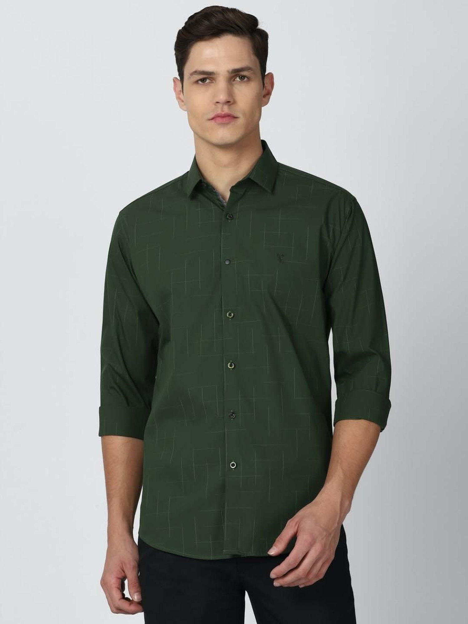 V Dot Green Slim Fit Self Pattern Shirt