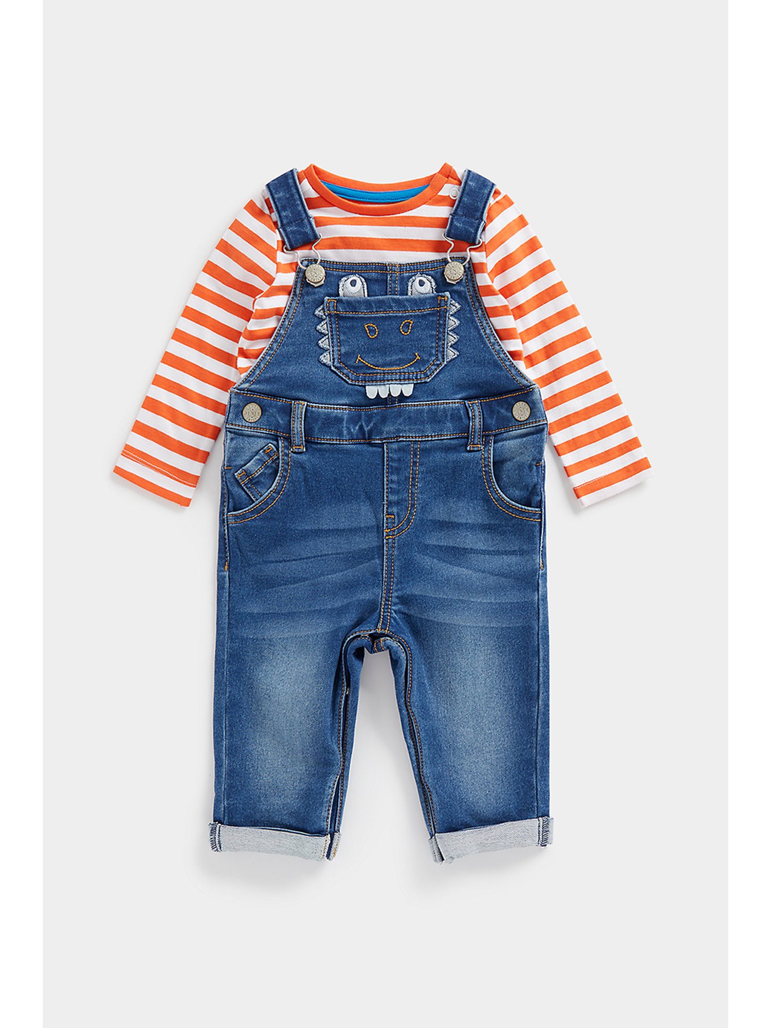 Mothercare Kids Multicolor Striped Full Sleeves T-Shirt with Dungree