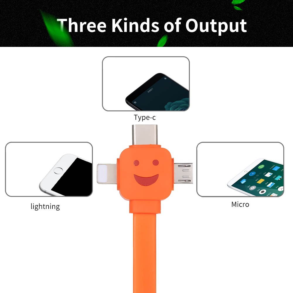 3 in 1 Charging Cable Data Cable Lighting Noodle Cables Multifunctional Mobile Phone Charging Cable 1M with Lightning/Micro USB/Type-C Ports Replacement for iPhone/Samsung/Xiaomi/Huawei(Orange)