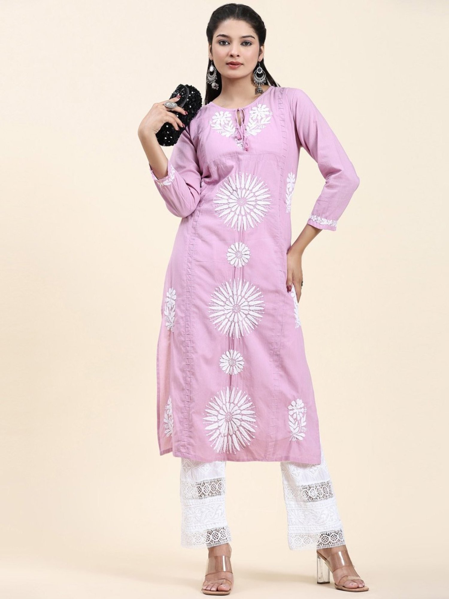 House Of Kari Samma Chikankari Long Kurti In Cotton for Women- Lavender