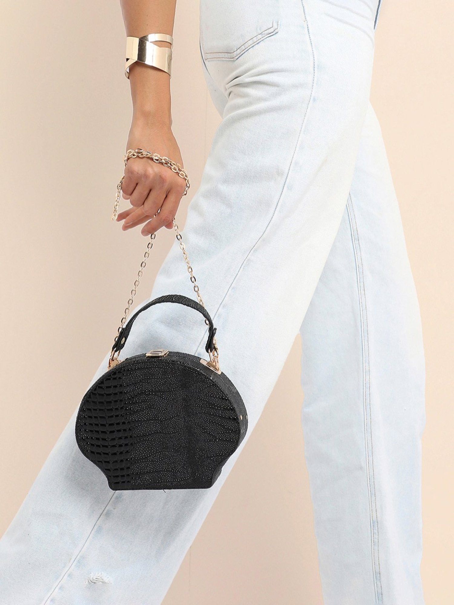 HauteSauce Black Croc Textured Medium Leather Handheld Handbag