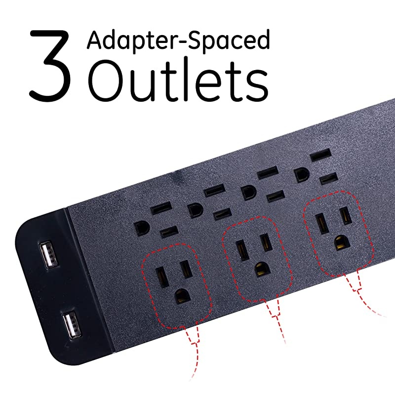 Black, Strip Sur Protector Charr, 7 Outlets, 2 USB Ports, Fast Char, Flat Plug, Long Power Cord, 3 Feet, Wall Mount, Warranty, 37054, 3 Ft