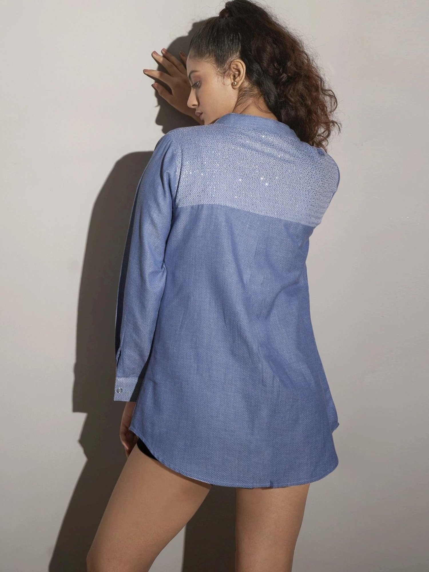 Kaftanize Blue Cotton Doby Print Kameez Shirt with Rhinestone