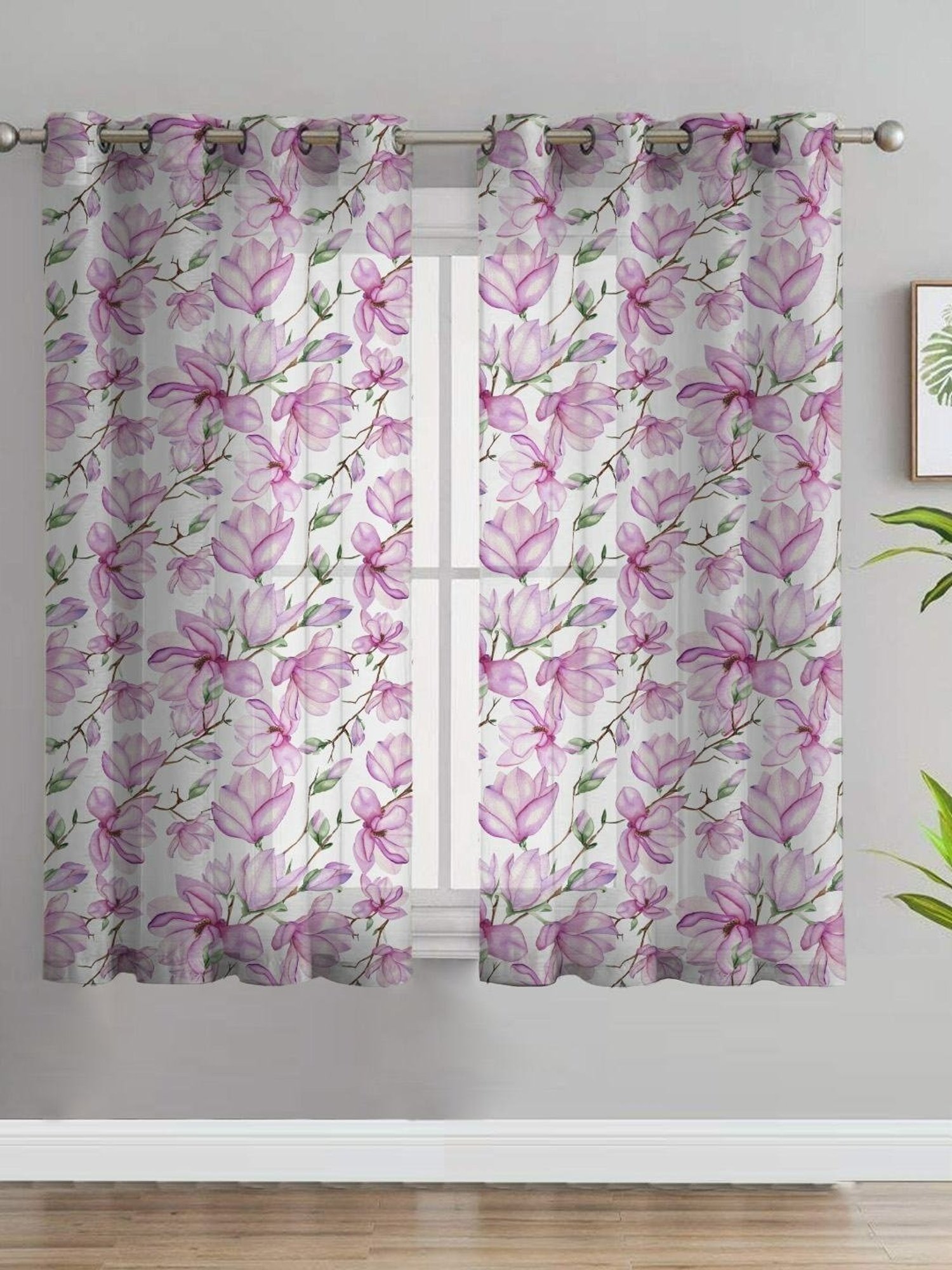 SPACES DRAPE STORY Elegent Floral Pink & White Polyester 5 ft Window Curtains - Set of 2