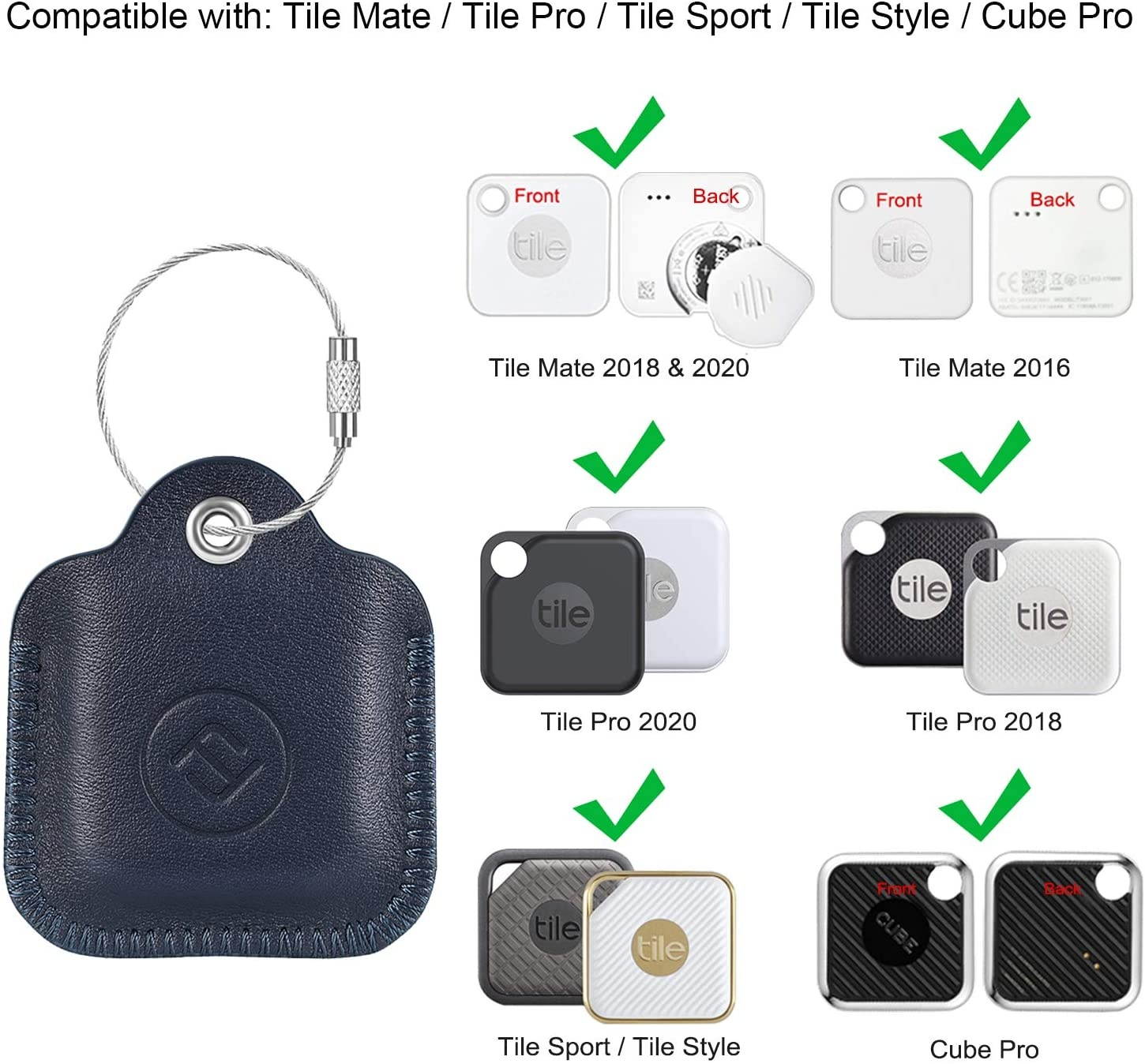 Fintie Genuine Leather Case for Tile Mate/Tile Pro/Tile Sport/Tile Style/Cube Pro Key Finder Phone Finder, Anti-Scratch Protective Skin Cover with Keychain, Navy Blue
