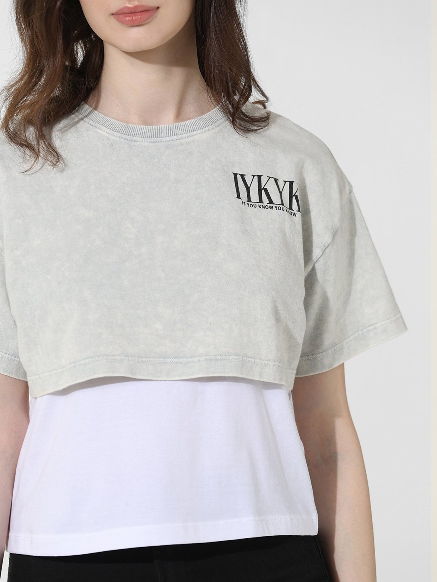 Only Grey & White Cotton Graphic Print T-Shirt