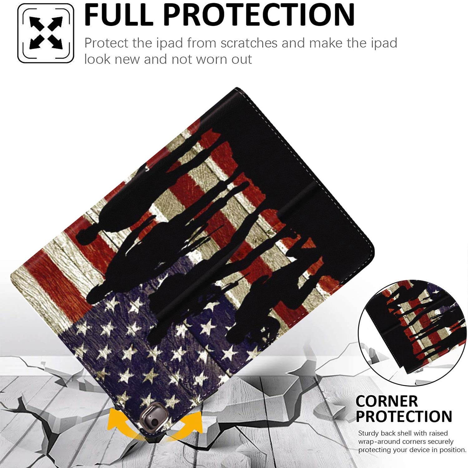iPad 9.7 inch 2018/2017 Case,Pro 9.7 Case,iPad Air 2 Case,iPad Air Case,Slim Soft Rubber Back Shockproof Protective Case with Auto Wake/Sleep for iPad 5th/6th Gen, American Flag Patriotic Soldier
