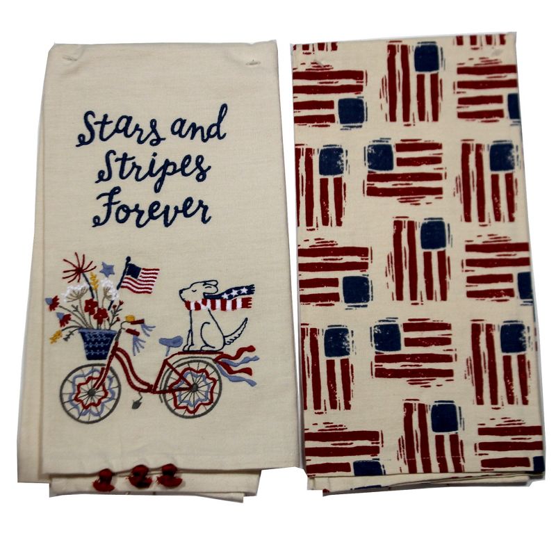 Tabletop 26.0" Stars & Stripes Dish Towel American Flag Bicycle Dog Primitives By Kathy  -  Kitchen Towel