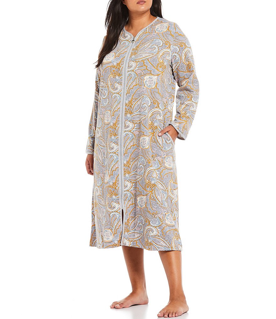 Miss Elaine Plus Paisley Print French Terry Zip Front Round Neck Long Sleeve Long Robe