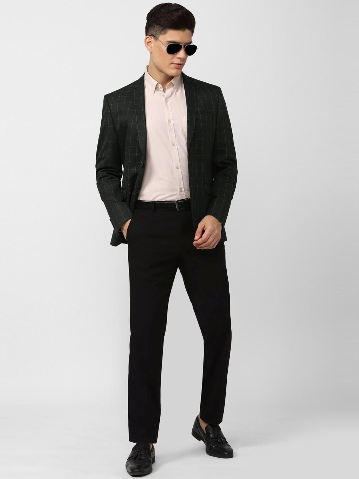V Dot Black Skinny Fit Checks Blazer