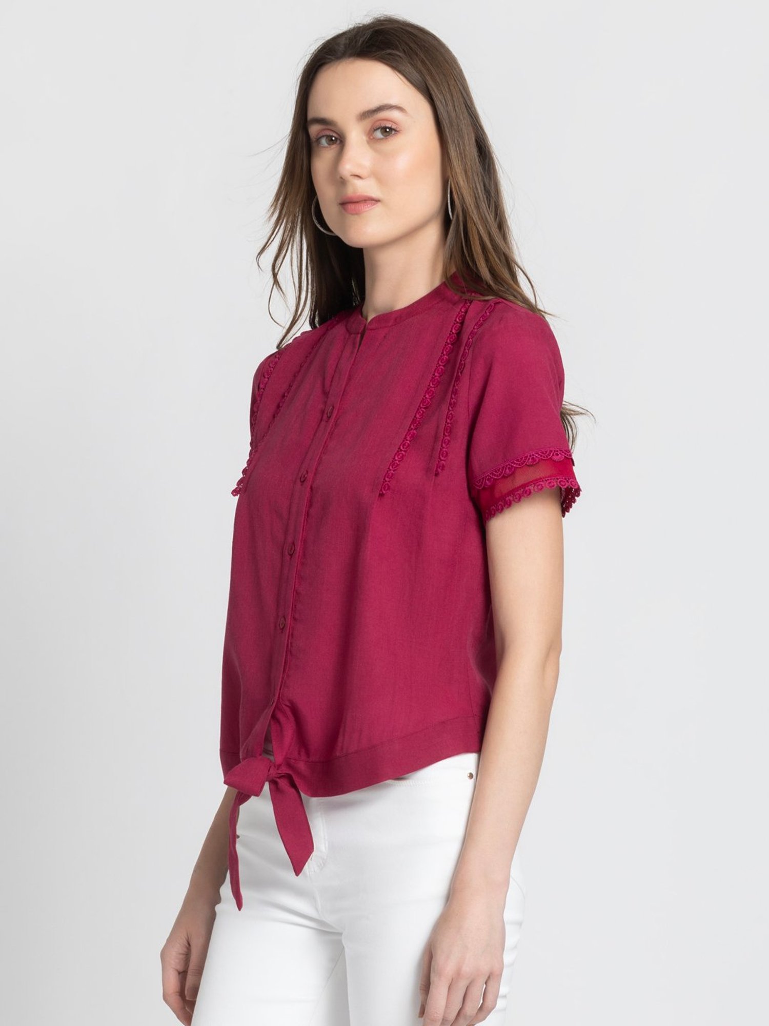 SHAYE Maroon Linen Regular Fit Top