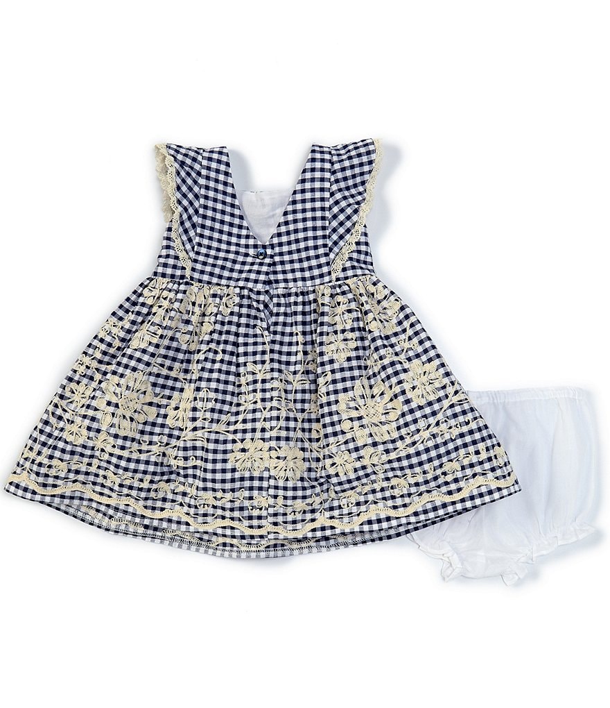Laura Ashley Baby Girls Newborn-24 Months Flutter-Sleeve Checked Border-Embroidered Fit-And-Flare Dress
