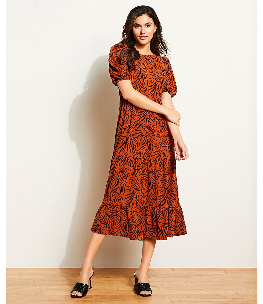 Eliza J Printed Tiered Midi Crew Neck Balloon Short Sleeve Dress