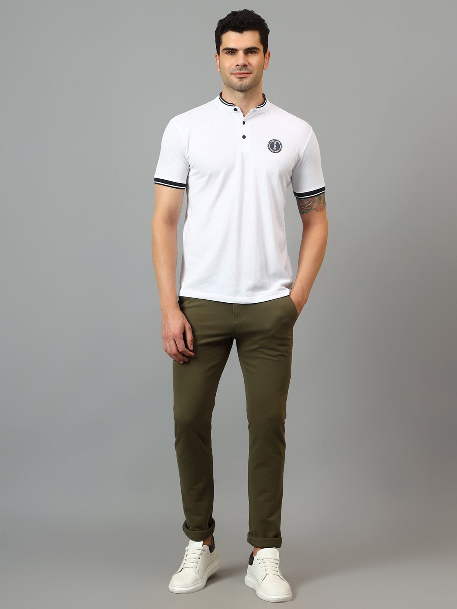 Cantabil White Regular Fit Mandarin Collar T-Shirt