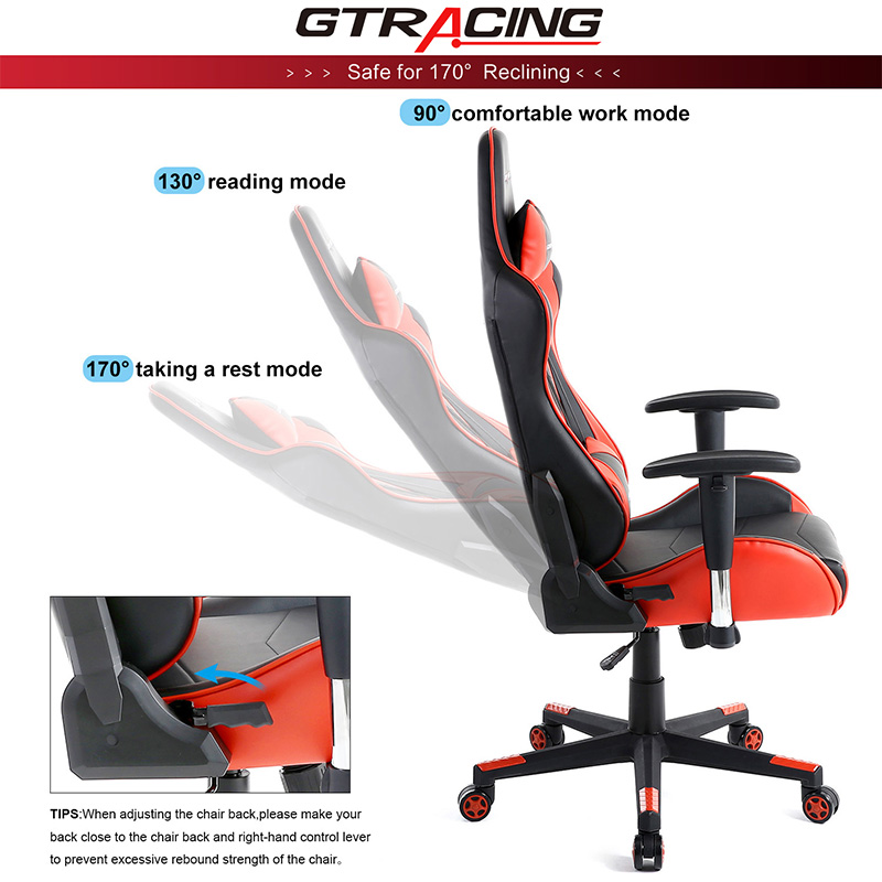 GTRACING Gaming Chair Racing Office Computer Game Chair Ergonomic Backrest and Seat Height Adjustment with Pillows Recliner Swivel Rocker Headrest and Lumbar Tilt E-Sports Chair (Black/Red)