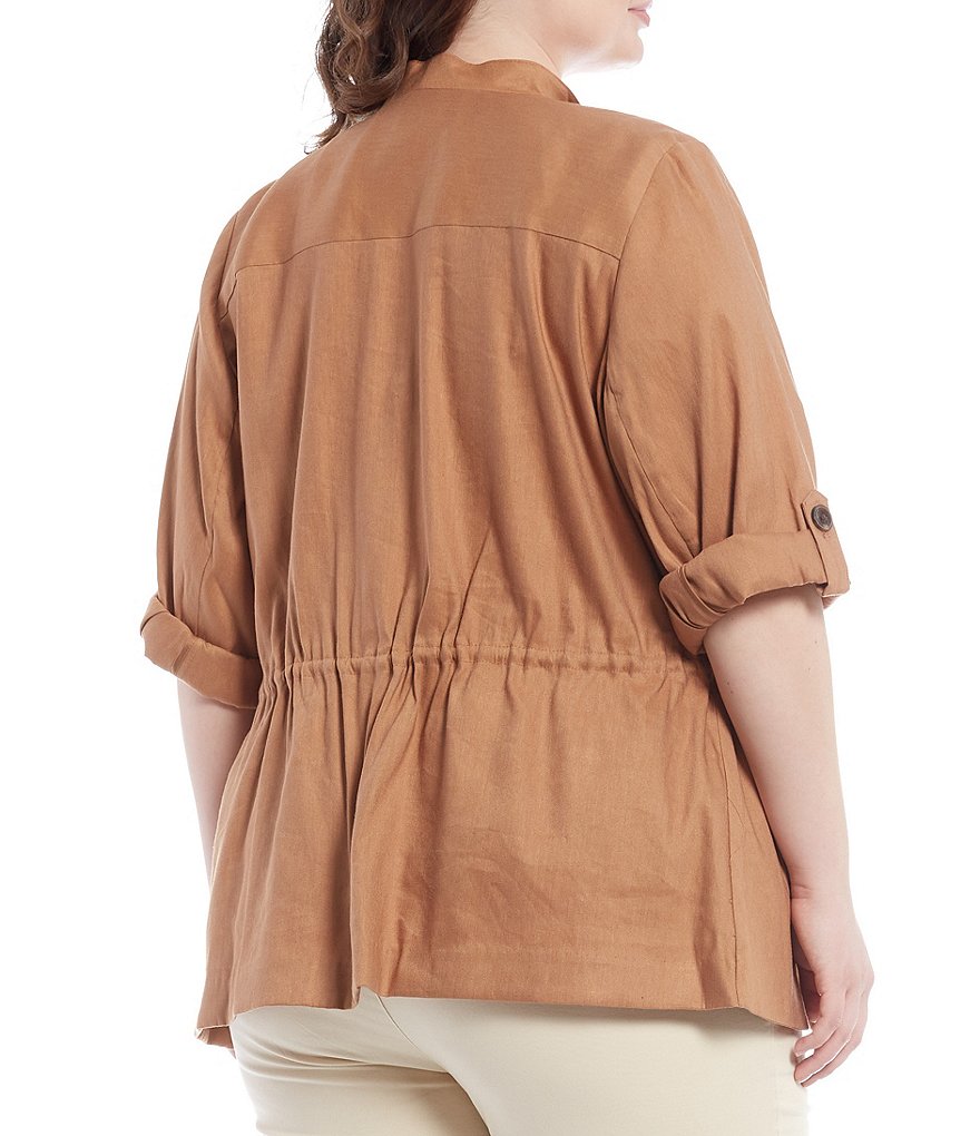 Calvin Klein Plus Size Stretch Woven Wing Lapel Collar Roll-Tab Sleeve Drawstring Waist Detail Open-Front Jacket