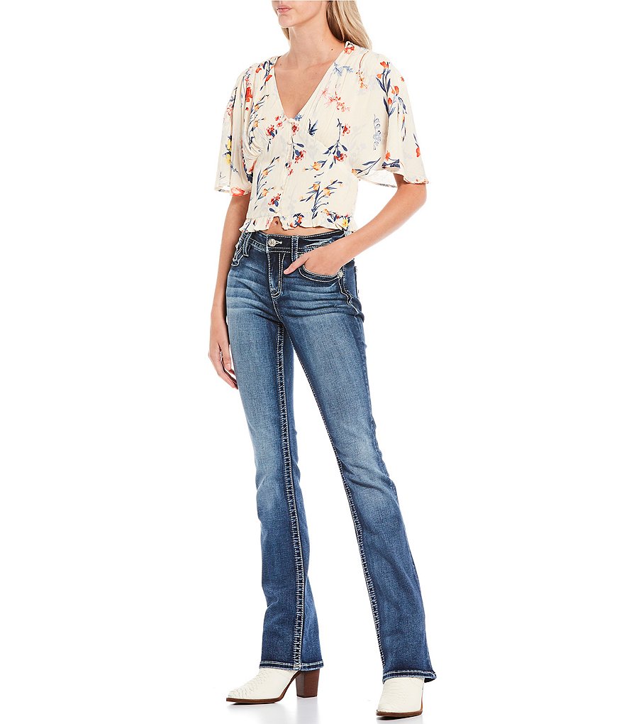 Miss Me Floral Petal Embellished Pocket Bootcut Jeans