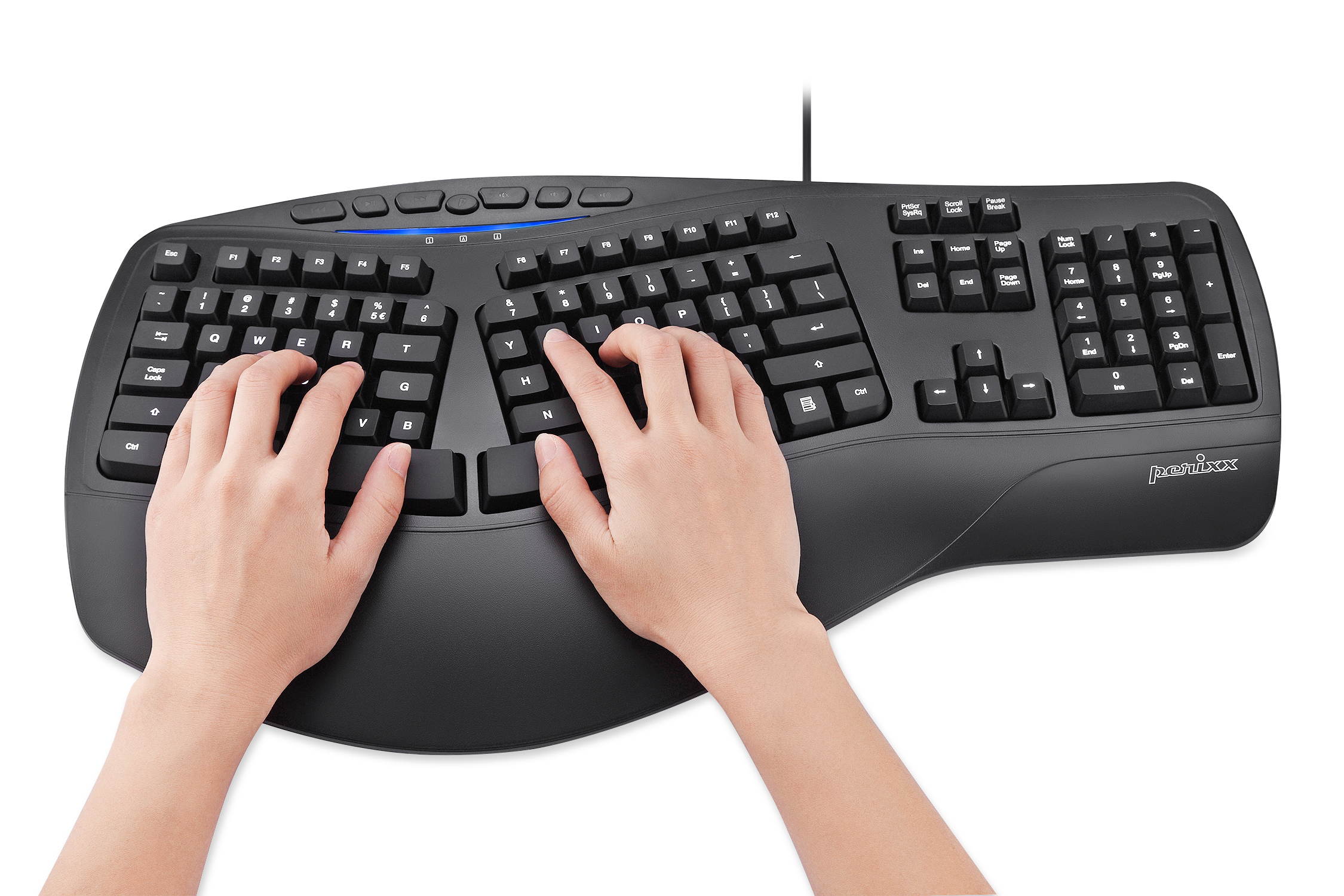 Perixx PERIBOARD-312 Ergonomic Backlit Keyboard - Wired USB with 2 Hubs - Natural Ergonomic Split Design - White LED - Black