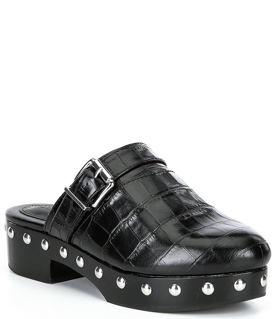 Schutz Smooshy Croco Print Leather Nailhead Buckled Strap Platform Mule Clogs