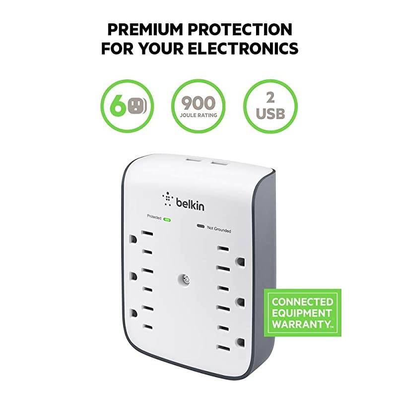 BSV602tt 6Outlet USB Surge Protector w Wall Mount Ideal for Mobile Devices Personal Electronics Small Appliances and More 900 Joules