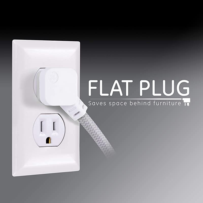 2 Outlet 2 USB Sur Protector, 12W/2.4A Total USB, 10 ft Braided Extension Cord, Flat Plug, for iPhone 11/Pro/Max/XS/XR/X/8, iPad Pro, Samsung Galaxy, Google Pixel, 250 Joules, White/Gray, 38432