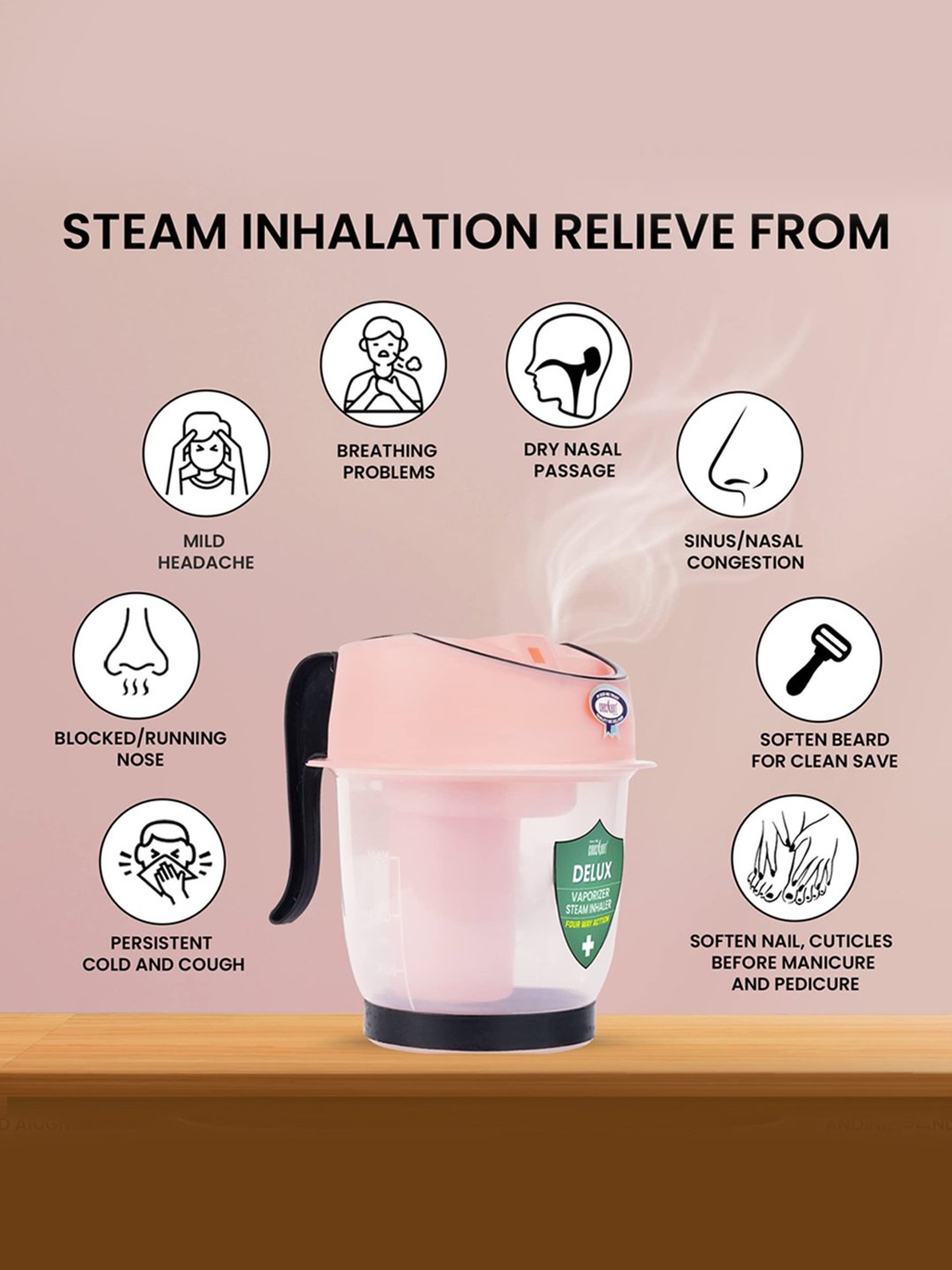 Crescent Delux Facial Steamer Vaporizer for Cold & Cough, Separate Water Storage Container (Pink)