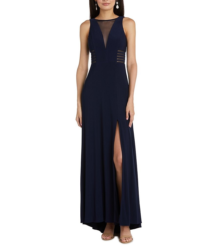 Morgan & Co. Power Mesh Deep V Plunging Neck Long Dress