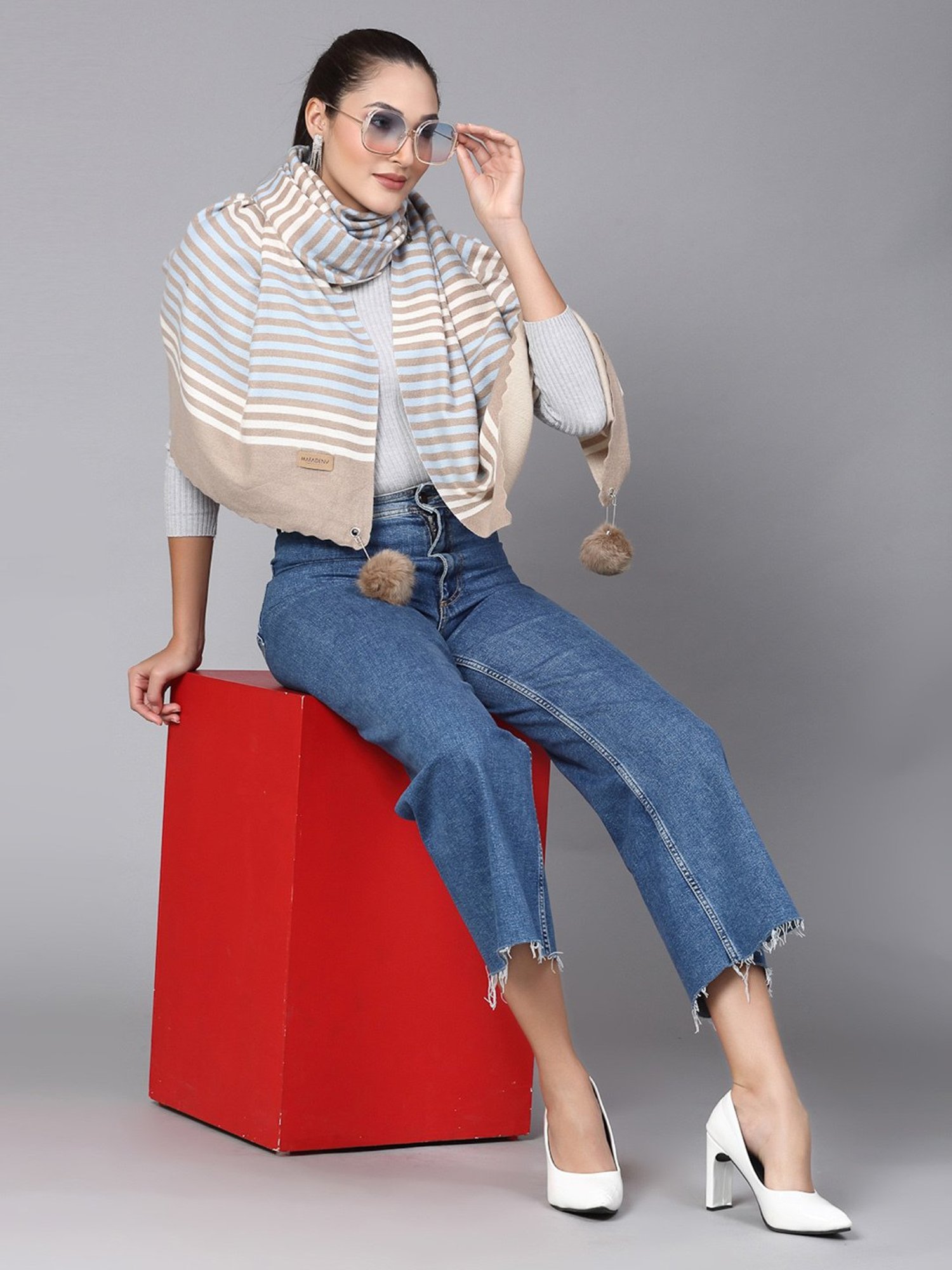 Mafadeny Khaki & Blue Striped Stole