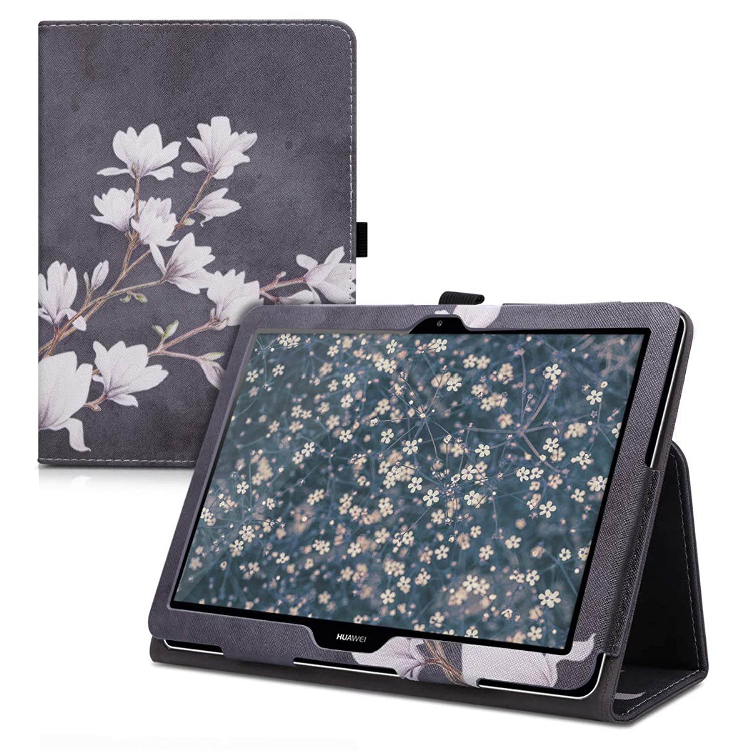 kwmobile Case Compatible with Huawei MediaPad T3 10 - Slim PU Leather Tablet Cover with Stand Feature - Magnolias Taupe/White/Dark Grey