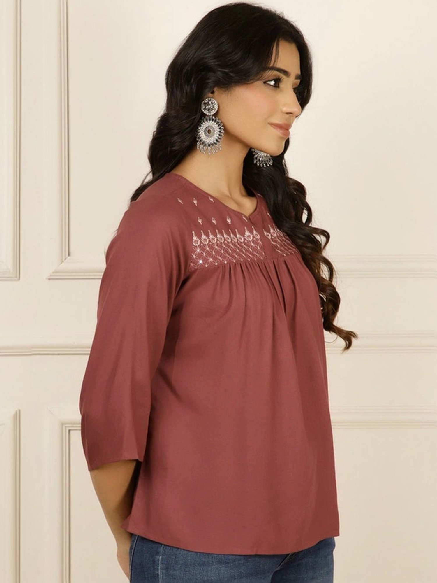 Jaipur Kurti Brown Embroidered Top