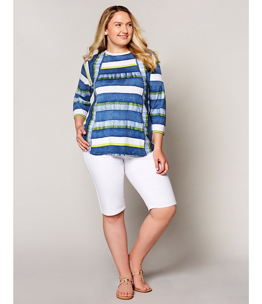 Democracy Plus Size Floral Print 3/4 Puff Sleeve V-Neck Knit Top