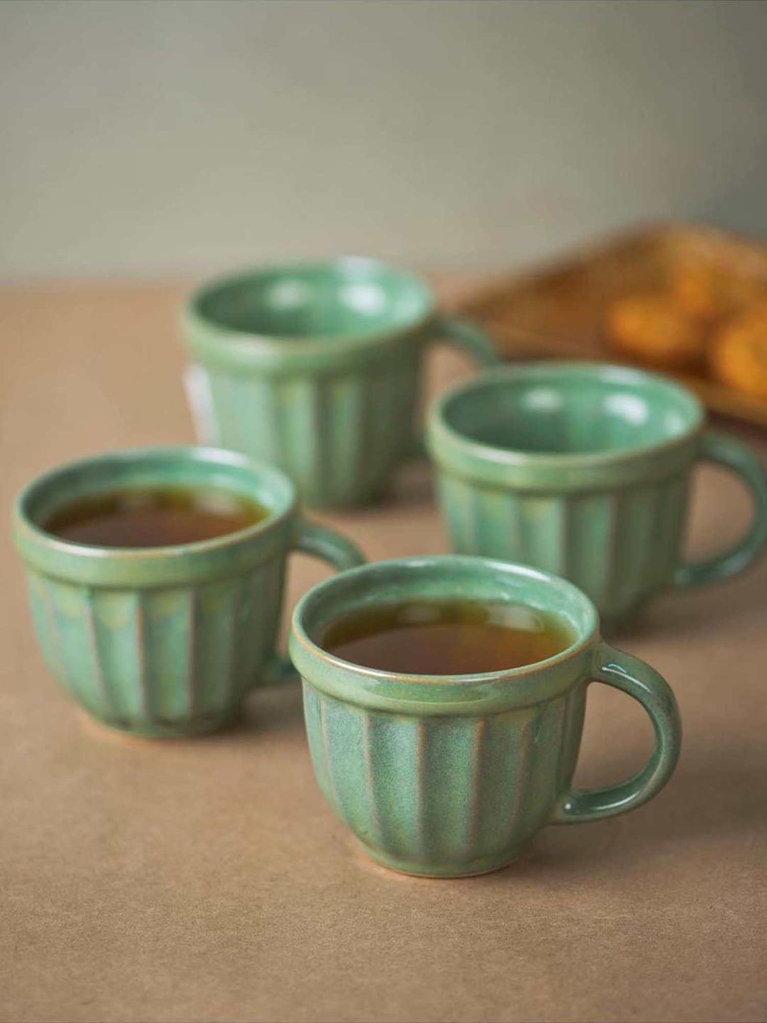 Fabindia Home Tarinika Green Ceramic Cups (120ml) - Set of 4