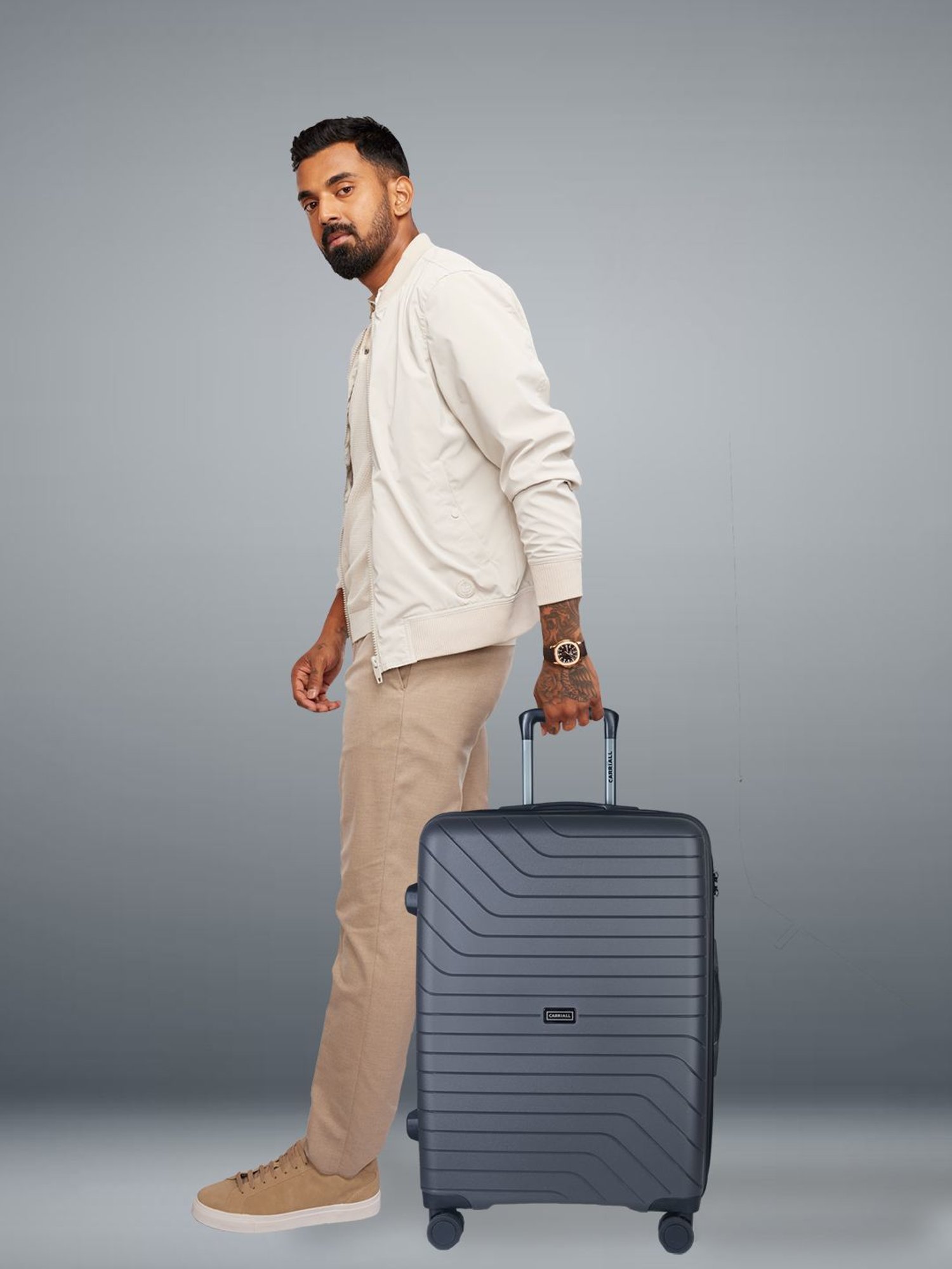 Carriall Grey 8 Wheel Large Hard Checked Luggage - 52 cm