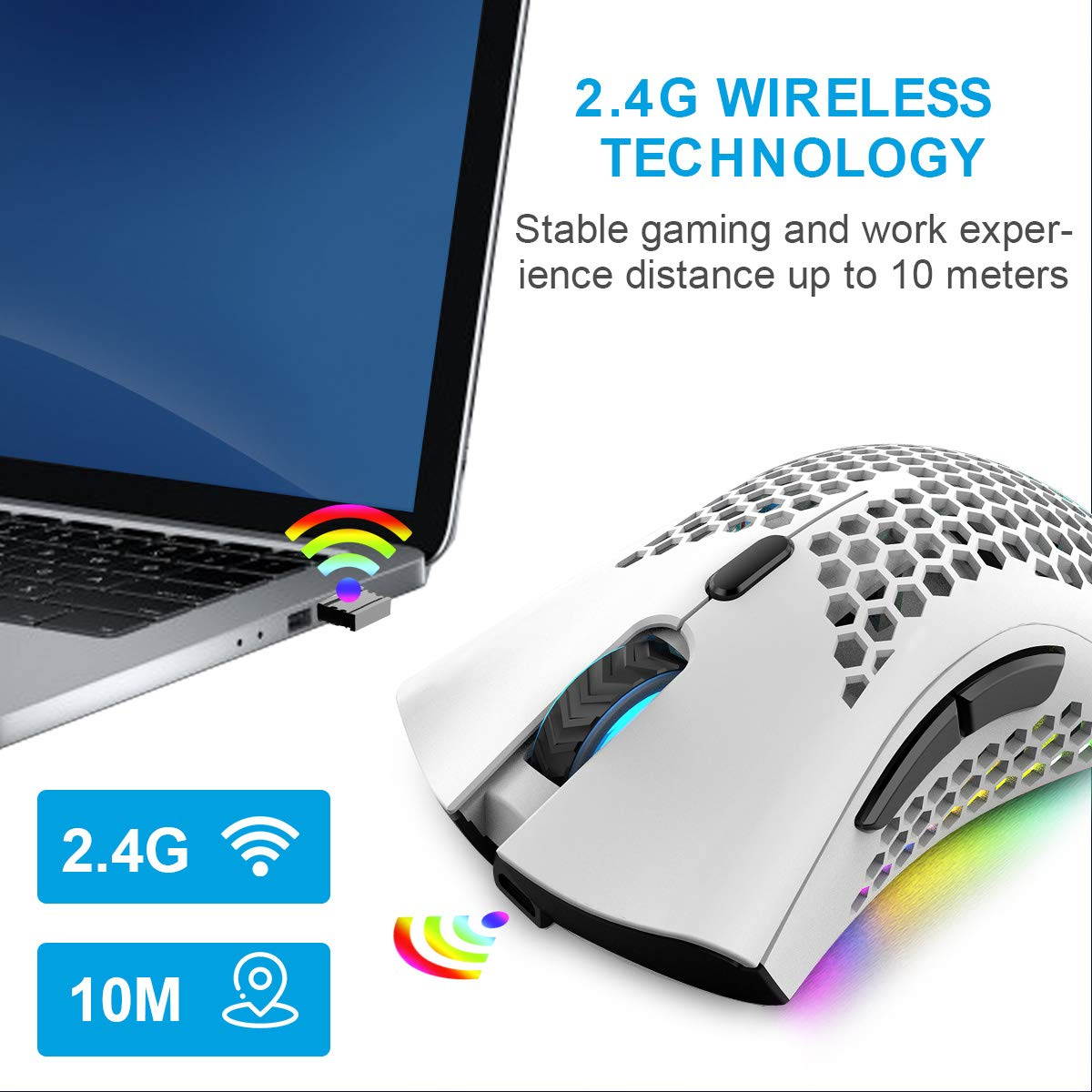 Wireless Gaming Mouse Rechargeable USB PC Gaming Mouse RGB Backlit Mouse Ergonomic Optical Mice W/Honeycomb Shell for PC Computer Laptop