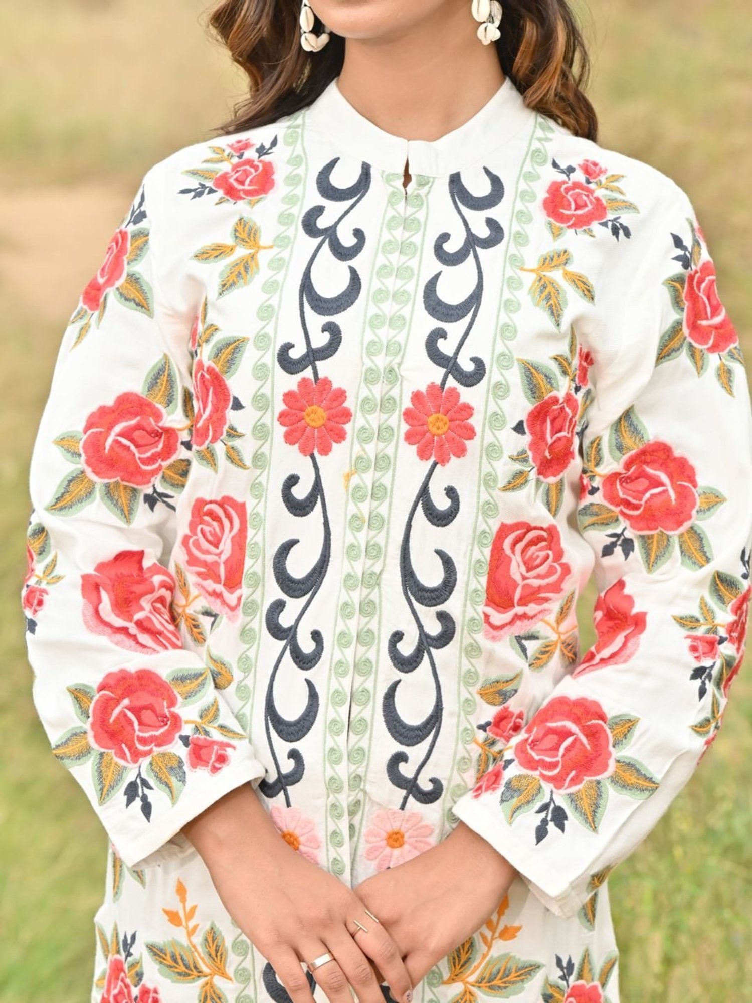 Zolo Label White Cotton Embroidered Jacket