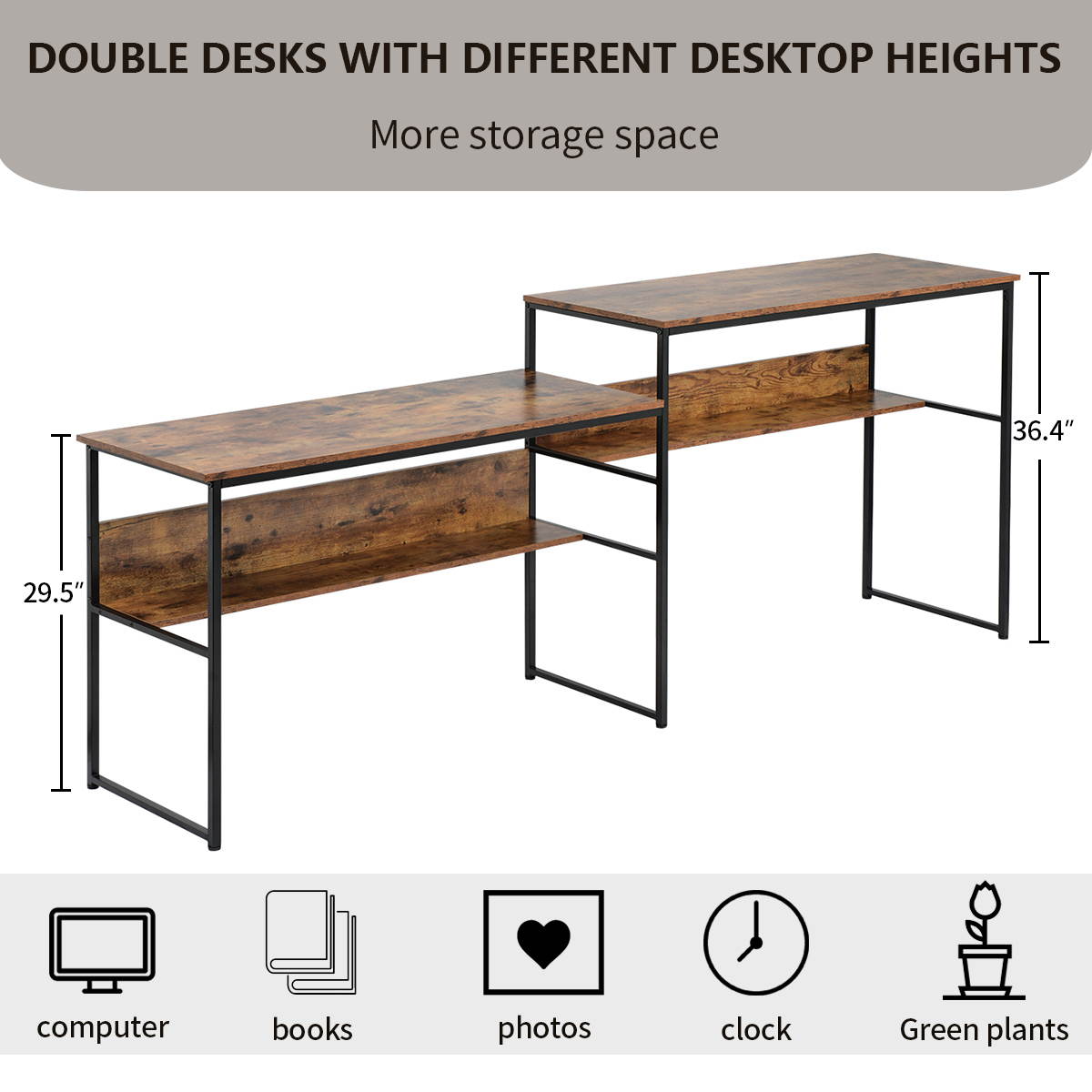 94.4" Home Office Two Person Desk Double Workstation Office Desk Writing Study Desk Extra Large Computer Desk Gaming Desk with Open Storage Shelves Brown
