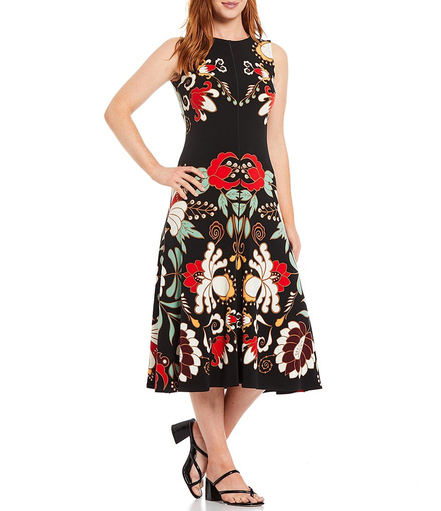 Eva Varro Floral Print Knit Jersey Sleeveless A-Line Midi Dress