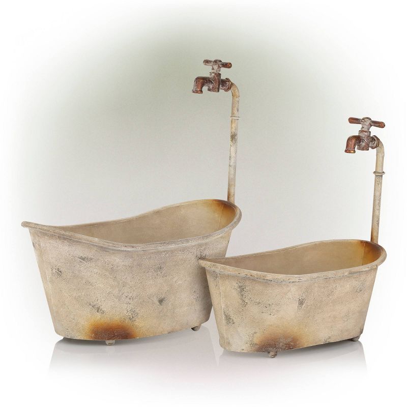 Alpine 2pk Rustic Iron Novelty Bathtub with Faucet Planter Off White