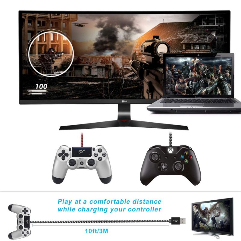 PS4 Controller Charger Charging Cable &ndash; 2 Pack 10FT Nylon Braided Micro USB 2.0 High Speed Data Sync Cord for Playstation 4, PS4 Slim/Pro, Xbox One S/X Controller, Android Phones (2 Pack)