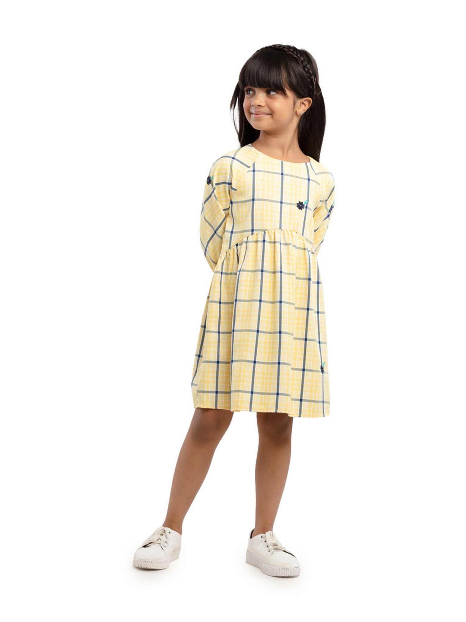 Under Fourteen Only Kids Yellow Cotton Chequered Full Sleeves Dress