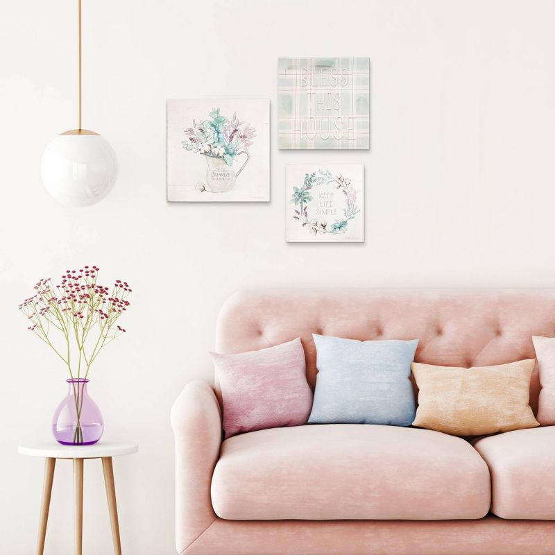 3pc 8" x 8" and 7" x 7" and 6" x 6" Floral Plaid Wrapped Canvas Blue/White - New View