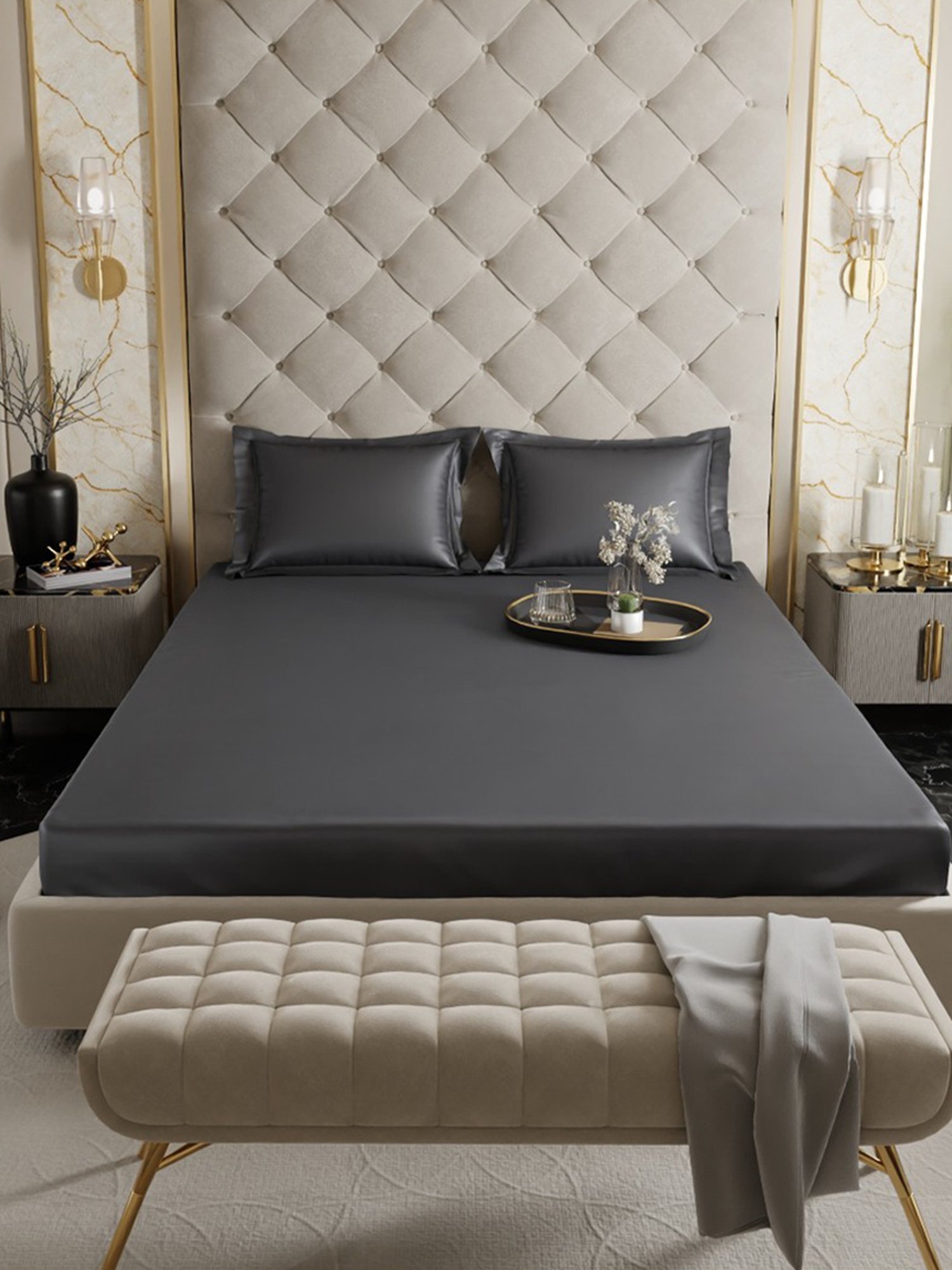 Stoa Paris Charcoal Grey 300 TC Polyester Double Fitted Sheet with 2 Pillow Covers