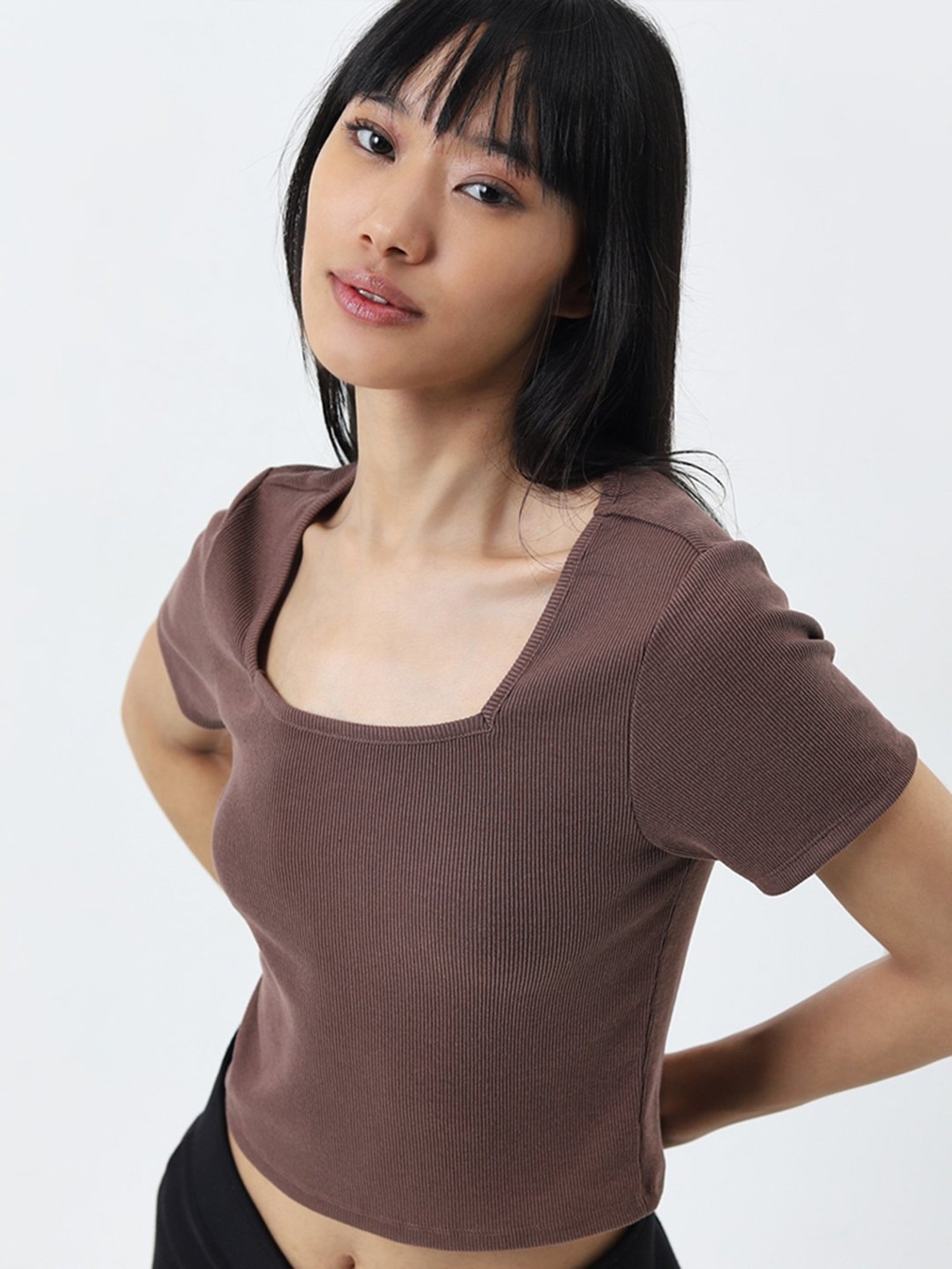 Superstar by Westside Brown Ribbed Textured T-Shirt