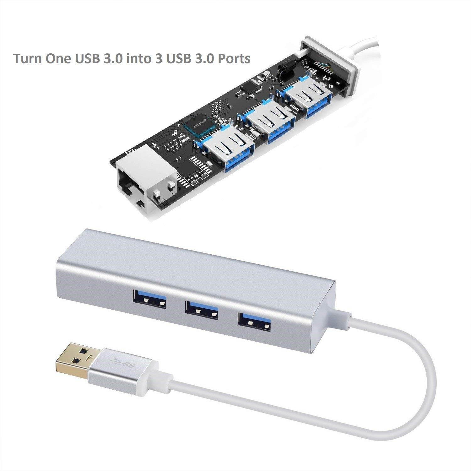 USB HUB with Gigabit Ethernet Port, 3-Port USB 3.0 Aluminum Portable Data Hub with Gigabit Ethernet Port Network Adapter 5Gbps Speed, 10/100/1000 Mbps Ethernet Port for Mac, PC, USB Flash Drives