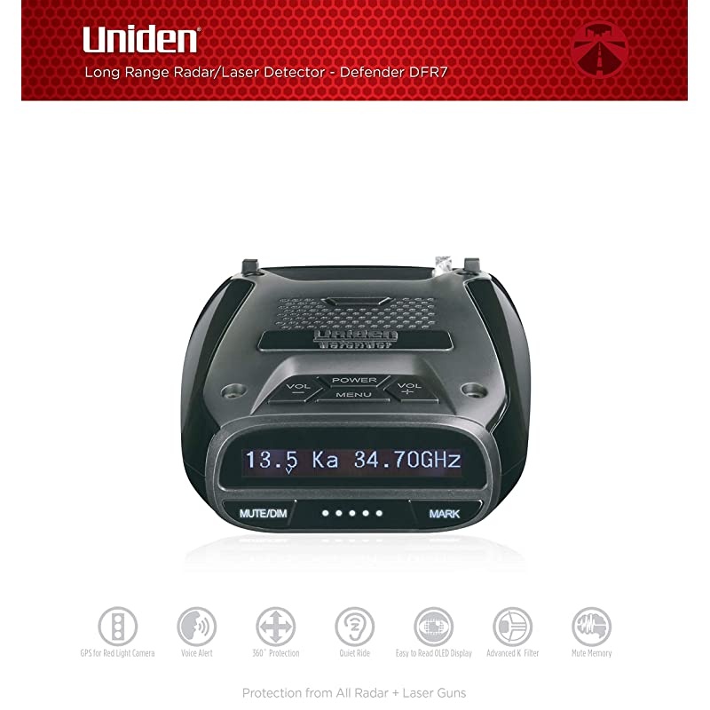 DFR7 Super Long Range Wide Band Laser/Radar Detector, Built-in GPS w/Mute Memory, Voice Alerts, Red Light & Speed Camera Alerts, OLED Display, Black